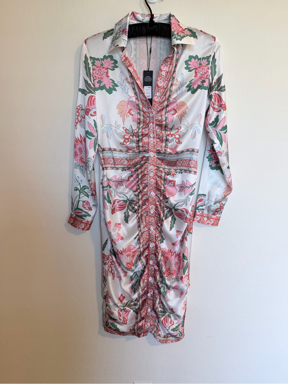 Fashion Nova Pink, Green & Cream Floral Ruched Midi Shirt Dress